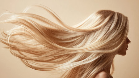 Flowing, lively hair with loose waves set against a soft beige background, capturing movement and vitality in a dynamic studio shot.の素材