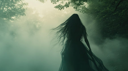 Mystical shot of a long-haired woman in a flowing gown, walking through a misty forest, her hair blending with the ethereal environment.の素材