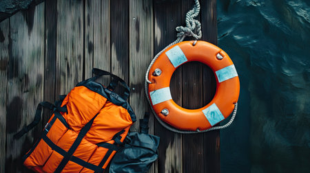 Lifebuoy and orange life jacket on a wooden surface, emphasizing their importance for safe water navigation and emergency response.の素材