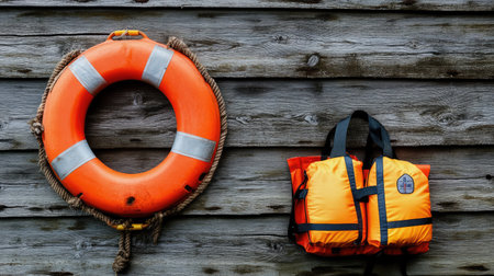 Lifebuoy and bright orange life jacket placed on a weathered wooden background, emphasizing their role in rescue operations and maritime safety.の素材