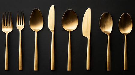 A set of luxurious gold knives and spoons displayed against a pitch-black background. The bold contrast accentuates the exquisite detail and shine of the cutlery.の素材