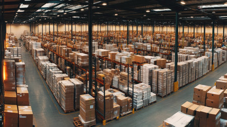 Panoramic view of a busy logistics warehouse with extensive stored inventory, including boxes and pallets, reflecting a well-organized storage system.の素材