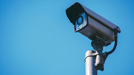 Outdoor CCTV camera mounted on a pole with a clear blue sky in the background, highlighting the concept of constant surveillance and security monitoringの素材