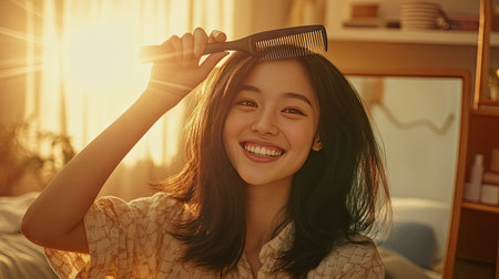 Cheerful Asian woman sitting by a mirror, joyfully brushing her silky hair with a wide-toothed comb in a cozy bedroom.の素材