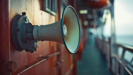 Megaphone mounted on a ship's railing, ready for emergency alarms. Captures the essential equipment used to alert crew and passengers during critical situations. -の素材