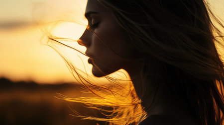 Close-up of a long-haired profile as the wind gently lifts strands of her silky hair, set against a sunset.の素材