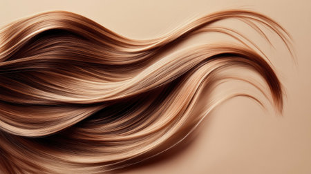 Lively hair with smooth, silky strands gently flowing on a warm beige background, showcasing fullness and shine.の素材