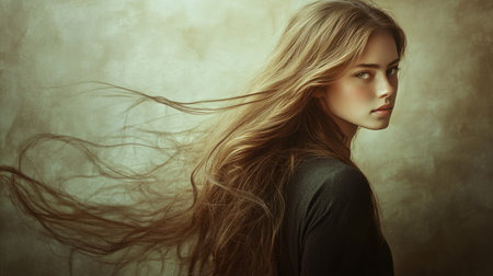 Portrait of a long-haired woman with flowing, wavy hair cascading down her back, standing against a soft, natural background.の素材