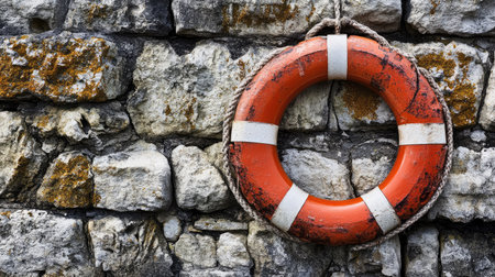 Close-up of a classic life ring attached to an old stone wall, emphasizing its role in maritime safety and rescue operations.の素材