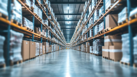 Modern warehouse interior with a blurred background of shelves stacked with various products, illustrating the large scale and logistics operations.の素材