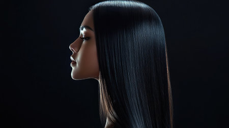 Profile view of a young woman with long, straight, silky hair cascading down her back. The smooth strands reflect light, showcasing her hair natural luster.の素材