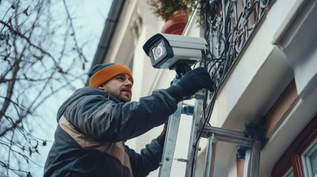Professional installer standing on a stepladder, placing a CCTV camera for a video surveillance system, emphasizing the repair and installation process.の素材