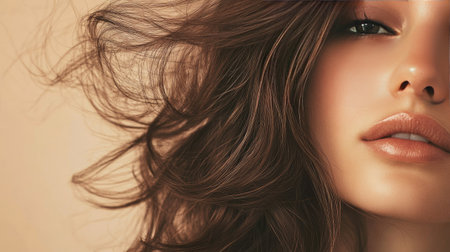 Lush, voluminous hair with a natural bounce and flow set against a beige background, showcasing texture and energy.の素材