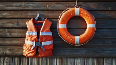 Orange life jacket and lifebuoy against a wooden backdrop, ideal for depicting essential rescue gear used for safety on the water.の素材
