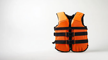 Orange kid life jacket on a clean white background, emphasizing its role as essential safety gear for swimming and boating.の素材