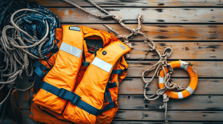 Rescue equipment including an orange life jacket and lifebuoy displayed on a wooden floor, perfect for illustrating maritime safety and emergency gear. -の素材