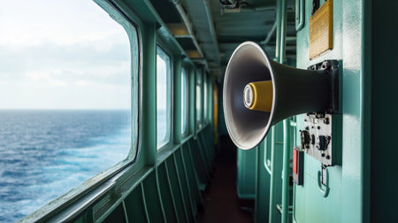 Megaphone for emergency alarms positioned on a ship bridge with a view of the ocean through the window. Emphasizes its importance in communication during emergencies.の素材