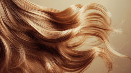 Lively hair cascading with soft waves on a beige backdrop, emphasizing natural movement, shine, and bounce.の素材