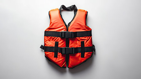 Minimalist photo of a life jacket on a white backdrop, highlighting its safety features and design for effective flotation and visibilityの素材