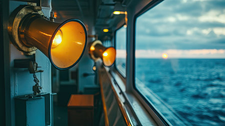 Megaphone for emergency alarms positioned on a ship bridge with a view of the ocean through the window. Emphasizes its importance in communication during emergencies.の素材