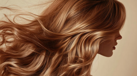 Lush, voluminous hair with a natural bounce and flow set against a beige background, showcasing texture and energy.の素材