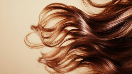 Lively hair with natural curls bouncing freely on a beige backdrop, illustrating movement, texture, and a healthy glow.の素材
