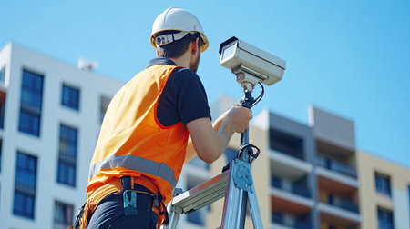 Master standing on a stepladder installing a CCTV camera, focused on the repair and setup of video surveillance equipment.の素材