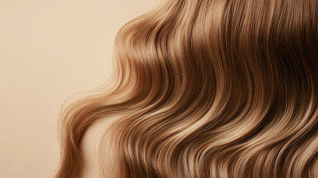 Lively, wavy hair cascading in natural waves against a neutral beige backdrop, emphasizing volume and vitality.の素材