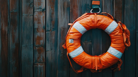 Orange life jacket and lifebuoy resting on a rustic wooden background, showcasing essential rescue equipment for maritime safety.の素材