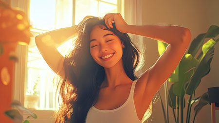 Playful Asian woman combing her silky hair with joy in a sunlit room, her smile reflecting confidence and contentment.の素材