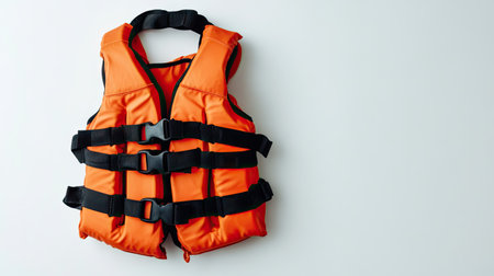 Orange kid life jacket on a clean white background, emphasizing its role as essential safety gear for swimming and boating.の素材