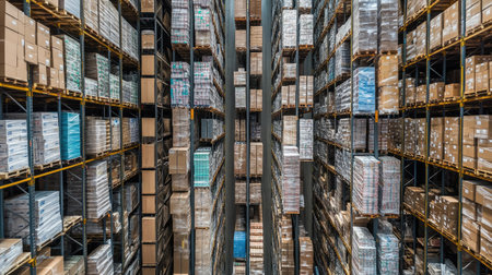Overhead view of a logistics warehouse showing organized rows of pallets and packages, capturing the essence of industrial storage and distribution. -の素材