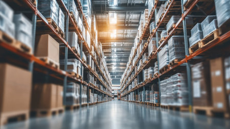 Modern warehouse interior with a blurred background of shelves stacked with various products, illustrating the large scale and logistics operations.の素材