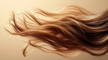 Playful, flowing hair captured mid-swish on a beige background, illustrating liveliness and dynamic movement.の素材