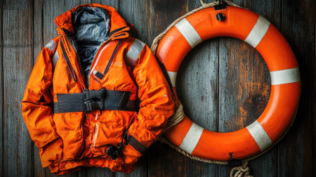 Orange life jacket and classic lifebuoy on a textured wooden background, capturing the essence of maritime rescue and safety equipment.の素材