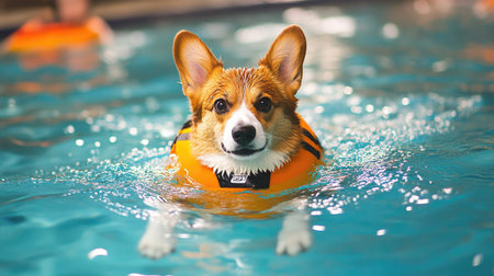 Pet health care through hydrotherapy: Corgi in a life jacket swimming in a pool, engaging in recovery and rehabilitation exercises.の素材