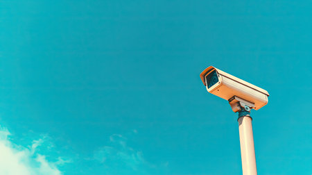 Outdoor CCTV camera mounted on a pole with a clear blue sky in the background, highlighting the concept of constant surveillance and security monitoringの素材