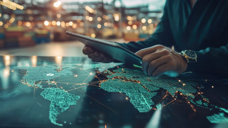 Professional with a tablet examining a detailed global logistics network on a digital map. Highlighted distribution channels and transportation routes. -の素材