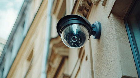Professional installation of a CCTV security camera on the facade of a commercial building. Captures the process of setting up surveillance systems for businesses.の素材