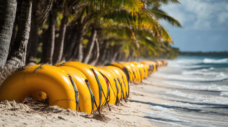 Rescue tubes attached to coconut palms on the beach, illustrating beach safety equipment and its strategic placement for quick access during emergencies.の素材