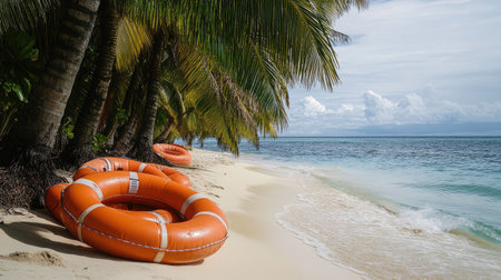 Rescue tubes attached to coconut palms on the beach, illustrating beach safety equipment and its strategic placement for quick access during emergencies.の素材