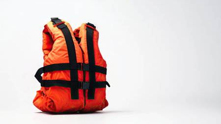 Plain white background highlights a life jacket, focusing on its design and importance for water safety. Perfect for safety equipment imagery.の素材