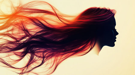 Silhouette of vibrant hair blowing gently in the wind, set against a subtle beige background for a lively and natural feel.の素材