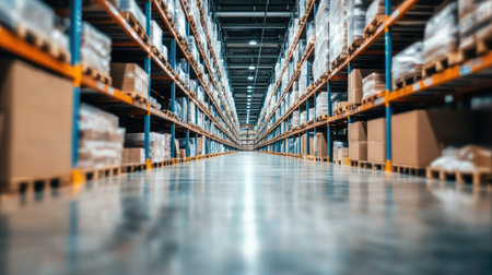 Warehouse interior with a blurred background of shelves stocked with various items, focusing on the vast scale and logistics of industrial storage.の素材