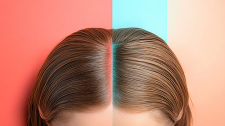 Side-by-side images of a woman scalp before and after dandruff treatment, arranged in a collage with bold color backgrounds. Focus on hair and scalp health.の素材