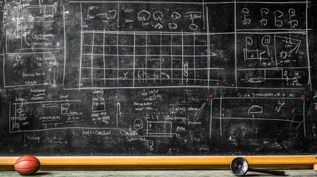 Training blackboard covered in strategic game plans with a whistle in the foreground, capturing the essence of sports coaching and tactical discussions.の素材