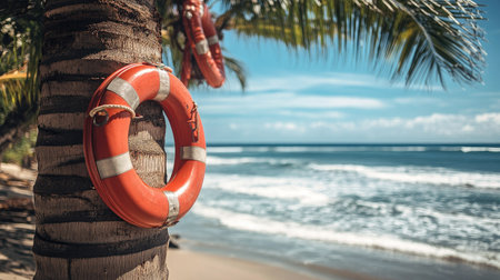 Rescue tubes displayed on palm trees by the beach, ready for use in emergencies and highlighting their role in ensuring safety at coastal locations.の素材