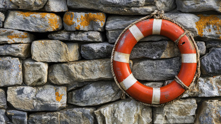 Vintage life ring fixed to a stone wall, capturing the essence of maritime rescue tools and their integration with rustic settings.の素材