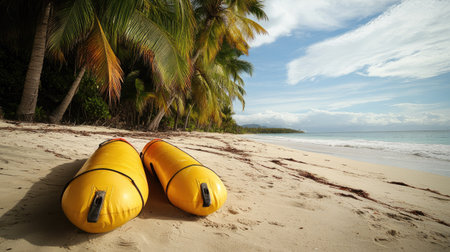 Rescue tubes attached to coconut palms on the beach, illustrating beach safety equipment and its strategic placement for quick access during emergencies.の素材