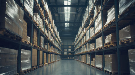 Visual of a logistics warehouse with neatly stored inventory on shelves and pallets, reflecting a well-maintained and organized storage area.の素材
